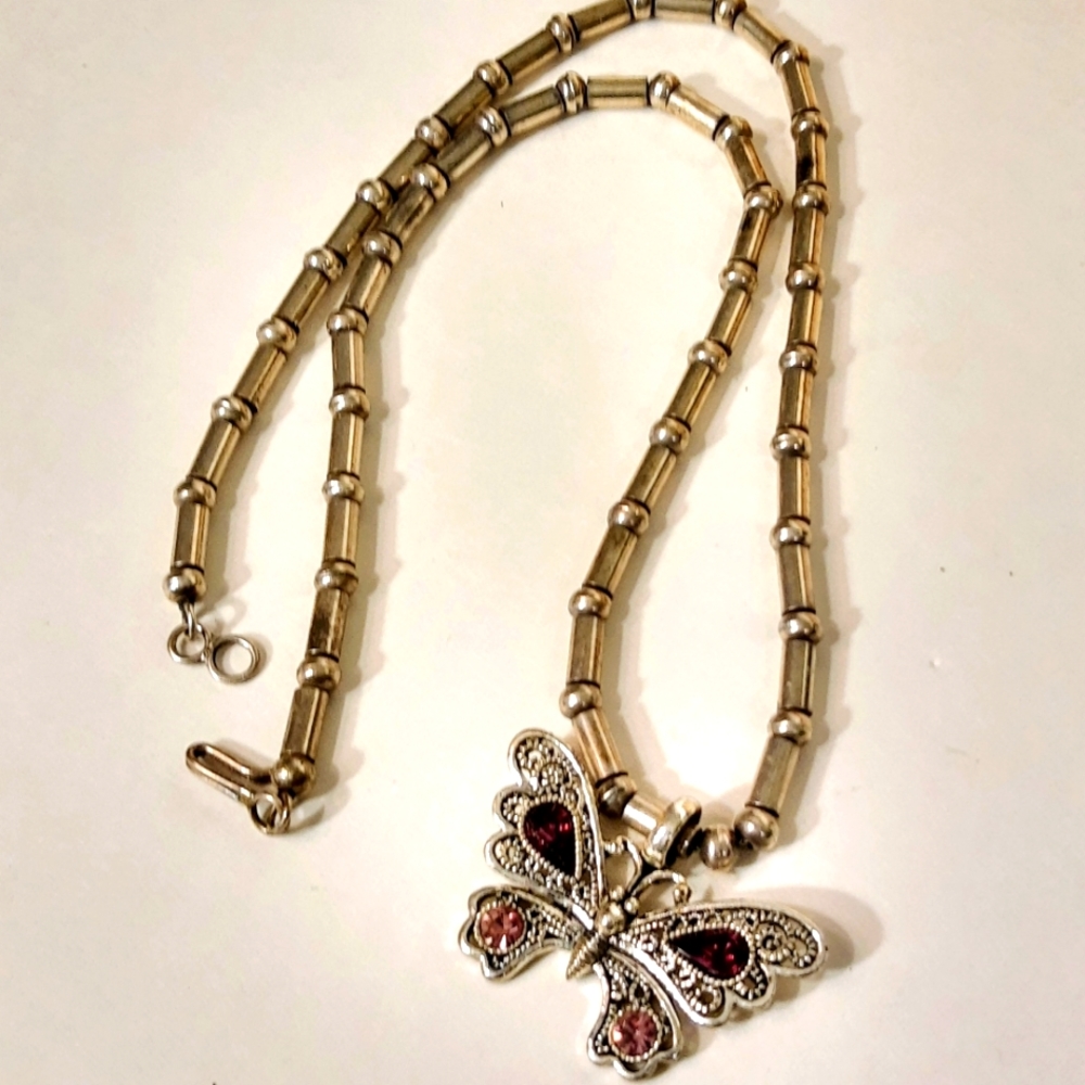 Vintage Silver and Sparkly Stone Butterfly Necklace